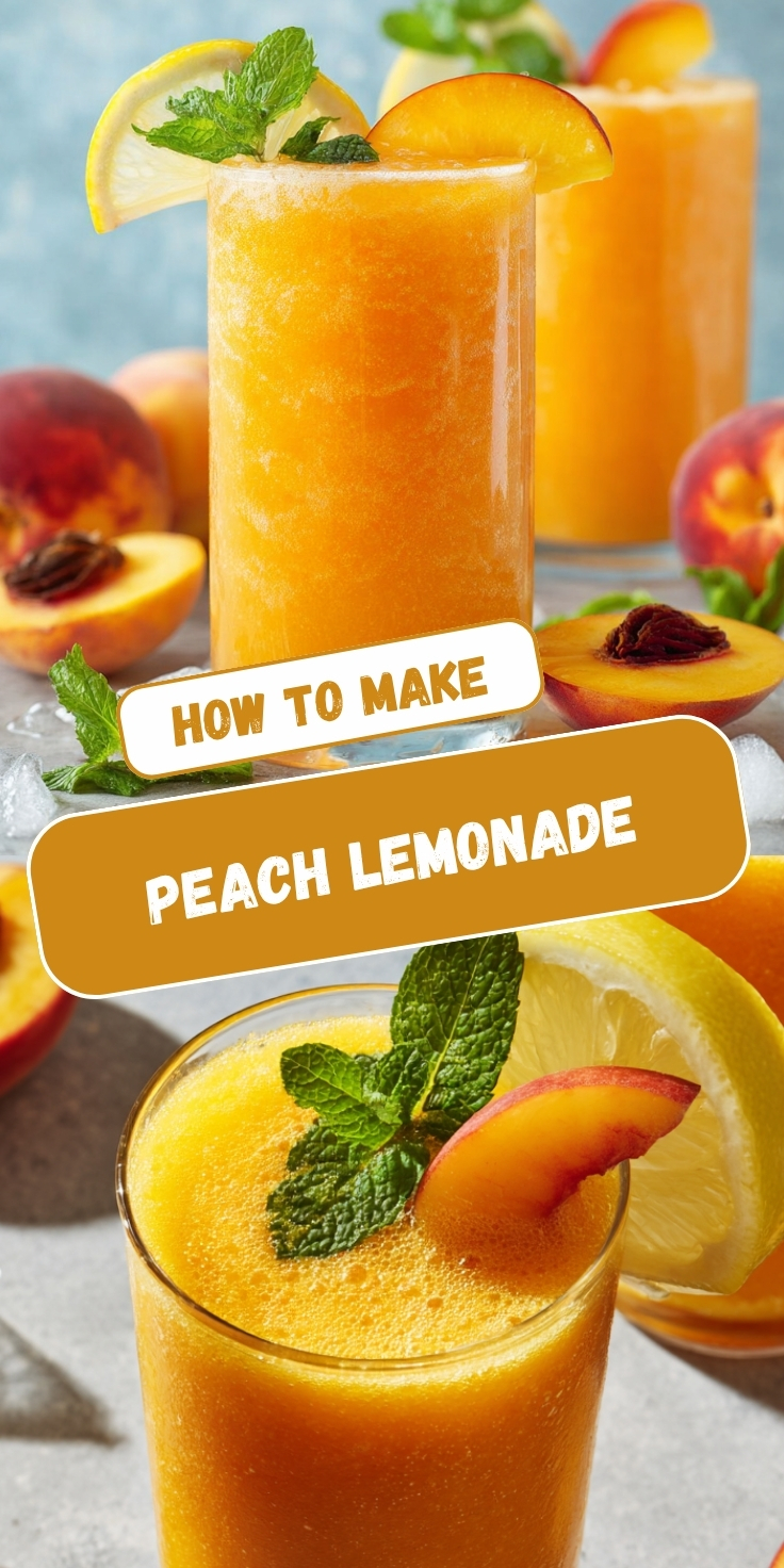 Two views of frozen Peach Lemonade with a golden orange hue, garnished with fresh peach slices, lemon wedges, and mint, surrounded by fresh peaches and ice cubes.