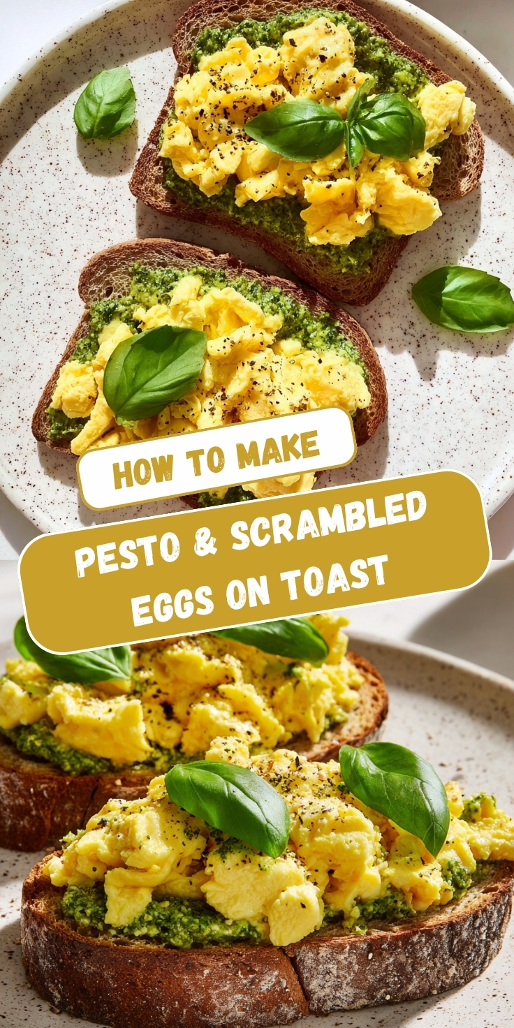 "Two views of Pesto & Scrambled Eggs on Toast — fluffy scrambled eggs over green pesto on toasted whole grain bread, garnished with fresh basil leaves and black pepper."