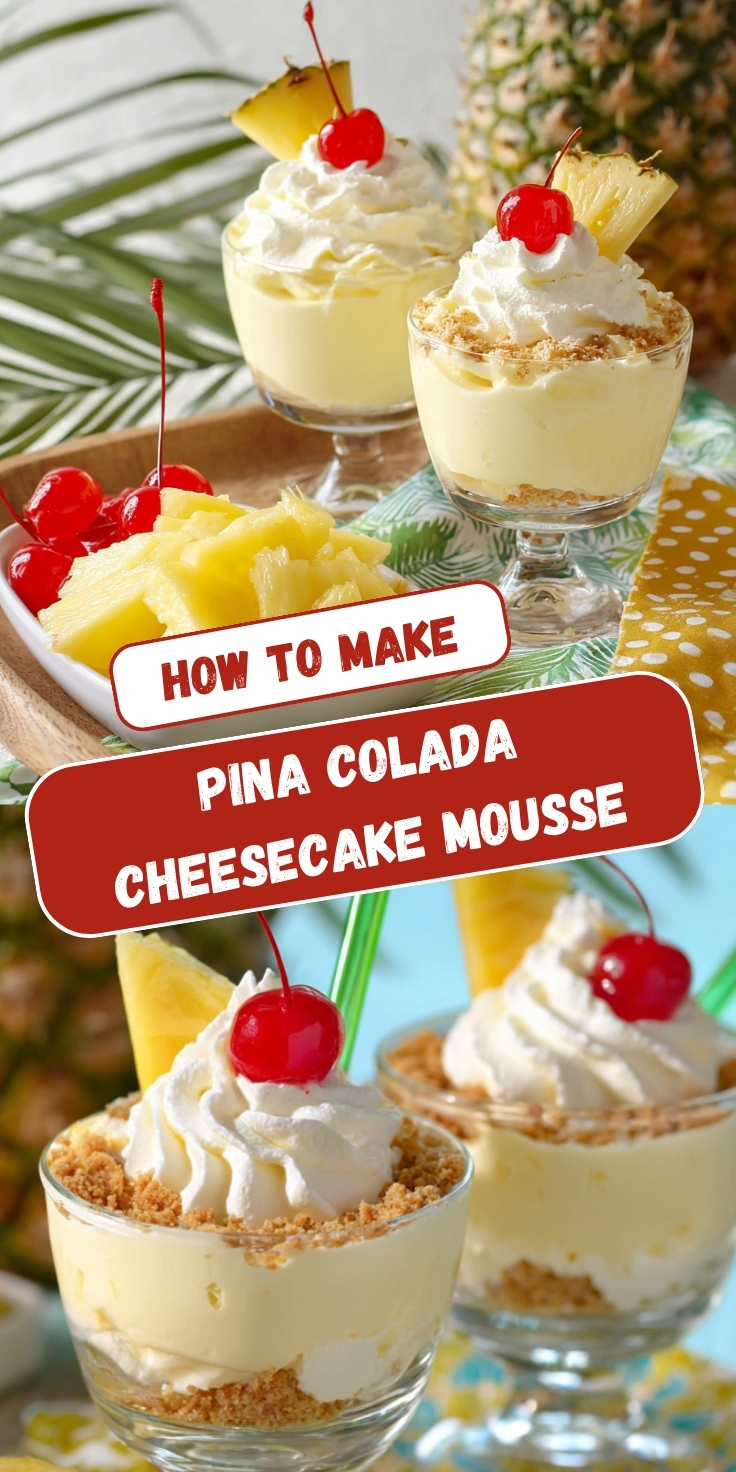 A Pinterest collage showing two views of Pina Colada Cheesecake Mousse served in glass dessert cups with graham cracker crust, creamy pineapple mousse, whipped cream, maraschino cherries, and pineapple wedges, with text overlay reading 'How to Make Pina Colada Cheesecake Mousse.