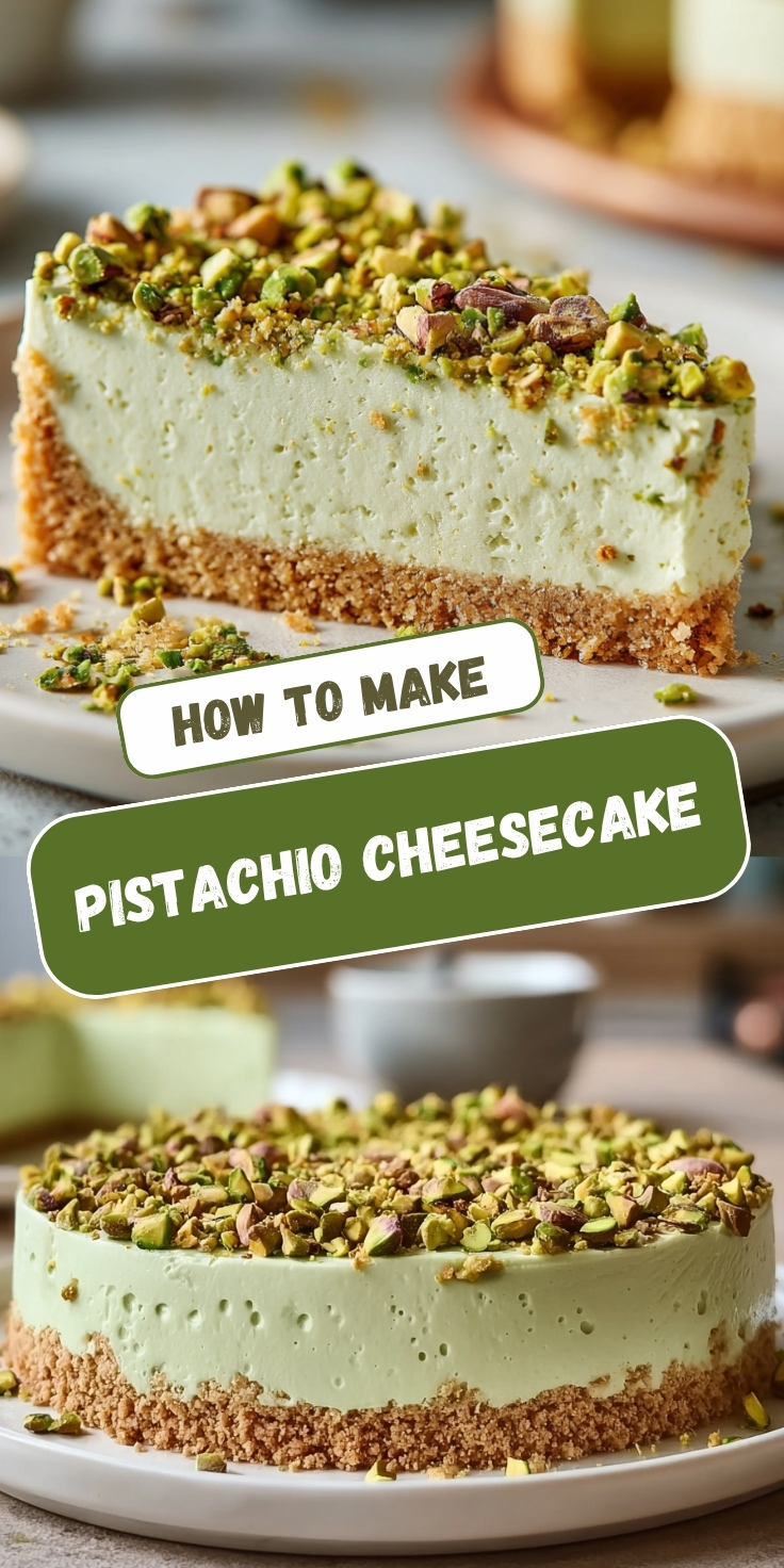 Pinterest-style recipe pin titled "How to Make Pistachio Cheesecake" featuring two food photos. The top image shows a close side-profile view of a single slice of pistachio cheesecake on a white plate, revealing a thick crumbly golden graham cracker crust base, a tall pale green pistachio cheesecake filling speckled with ground pistachios, and a generous topping of roughly chopped bright green pistachios, with scattered pistachio crumbs on the plate. The bottom image shows the whole intact cheesecake on a white plate, highlighting the smooth pale sage green sides of the filling, the golden crumb crust base, and the full coverage of chopped pistachios blanketing the top, with blurred bowls and ingredients in the soft background.