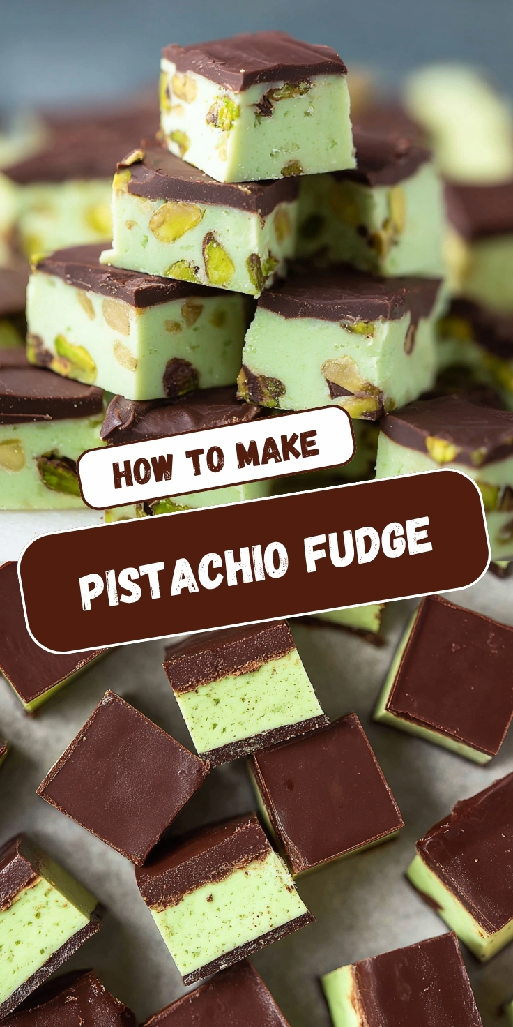 Pinterest-style recipe pin titled "How to Make Pistachio Fudge" featuring two food photos. The top image shows a stacked pyramid of pistachio fudge squares with pale sage green pistachio-studded interiors and smooth dark chocolate tops, piled on parchment paper with scattered fudge pieces and a soft gray background. The bottom image is an overhead view of numerous individual pistachio fudge squares spread across white parchment paper, clearly showcasing the two distinct layers — a thick pale green pistachio fudge base and an even dark chocolate top layer — with the squares casually scattered and overlapping across the entire surface.