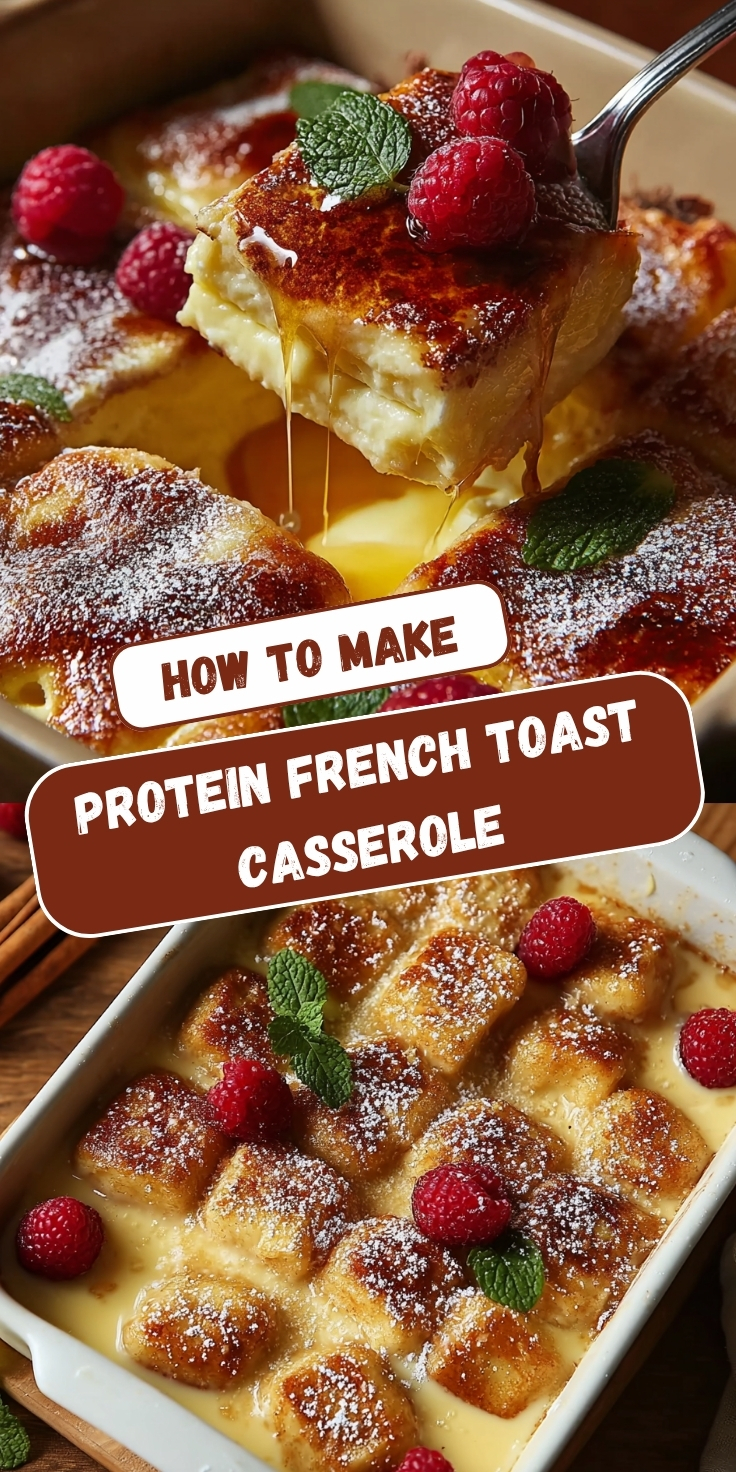 Pinterest-style recipe pin titled "How to Make Protein French Toast Casserole" featuring two food photos. The top image shows a close-up of a fork lifting a golden caramelized piece of French toast from the casserole dish, with silky custard sauce dripping dramatically from the lifted piece, garnished with fresh raspberries and mint sprigs, with the powdered sugar dusted casserole visible below. The bottom image is a wider overhead angled view of the complete white baking dish filled with neatly arranged golden-brown toasted bread pieces nestled in creamy custard sauce, dusted with powdered sugar and dotted with fresh raspberries and mint sprigs, on a warm wooden surface with cinnamon sticks alongside.