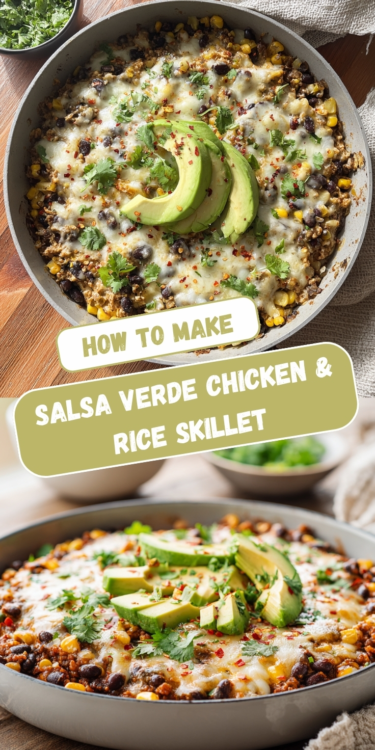 Two views of a Salsa Verde Chicken & Rice Skillet with corn, black beans, and melted cheese, topped with sliced avocado, fresh cilantro, and red pepper flakes.