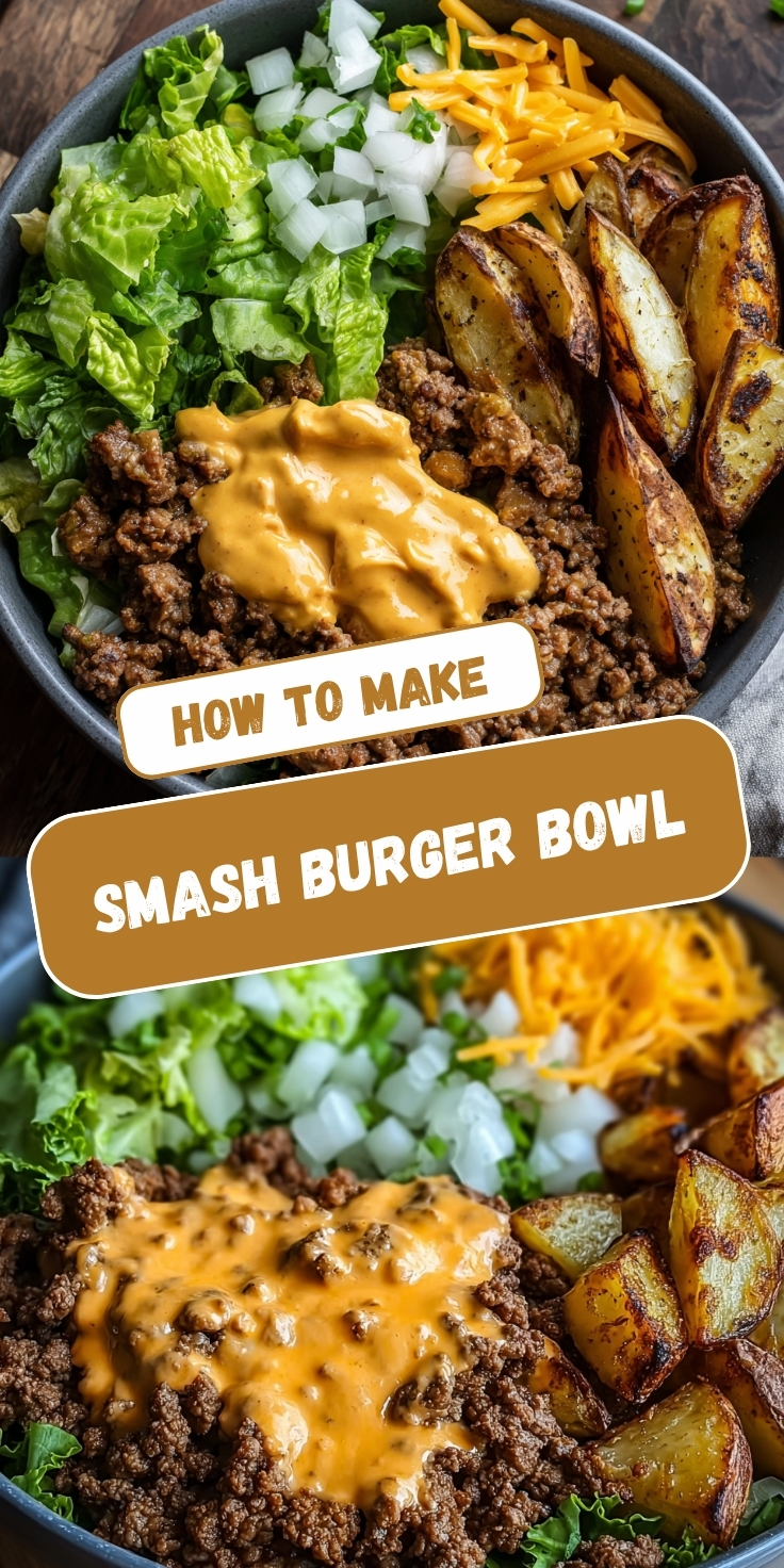 A Pinterest collage showing two views of a smash burger bowl with seasoned ground beef, creamy burger sauce, romaine lettuce, diced onions, shredded cheddar cheese, and crispy potato wedges in a dark bowl, with text overlay reading 'How to Make Smash Burger Bowl.