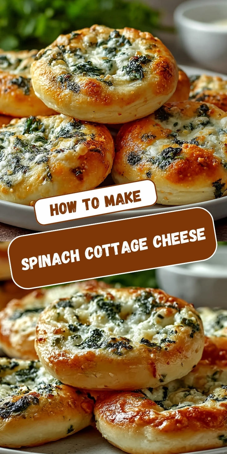 Two views of golden baked Spinach Cottage Cheese rolls filled with a creamy spinach and cheese mixture, piled on a gray plate with a dipping sauce in the background.