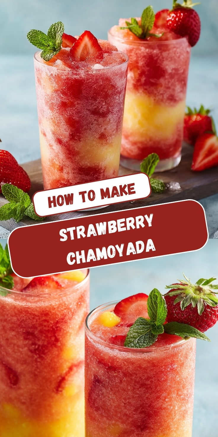 A Pinterest collage showing two views of strawberry chamoyada with layered red and yellow slushy ice, topped with fresh strawberries and mint leaves, with text overlay reading 'How to Make Strawberry Chamoyada.