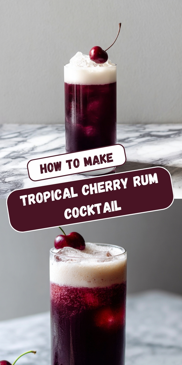 Pinterest-style recipe pin titled "How to Make Tropical Cherry Rum Cocktail" featuring two food photos. The top image shows a full-length view of a tall clear highball glass filled with deep burgundy cherry rum over ice, topped with a thick white coconut foam layer and a single fresh dark cherry on a stem, standing elegantly on a white and gray veined marble surface against a soft gray background. The bottom image is a closer angled view of the same cocktail, revealing whole dark cherries visible through the glass submerged in the deep crimson liquid beneath the white foam layer, with the fresh cherry garnish on top and additional loose cherries scattered on the marble surface.