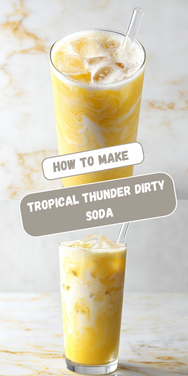 Pinterest-style recipe pin titled "How to Make Tropical Thunder Dirty Soda" featuring two food photos. The top image shows a tall clear highball glass filled with a vibrant golden yellow tropical dirty soda with elegant white cream swirls throughout, topped with frothy foam and ice cubes with a clear glass straw, set on a white and gold veined marble surface. The bottom image shows a slightly different angle of the same drink with more visible cream ribbons swirling through the bright yellow tropical base, packed with ice and a clear glass straw, on the same elegant marble surface, showcasing the beautiful contrast between the golden soda and white cream.