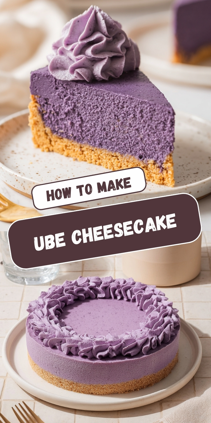 Two views of an Ube Cheesecake with a smooth purple ube filling, graham cracker crust, and decorative purple ube cream piped around the edges, shown as a slice and a whole cake.