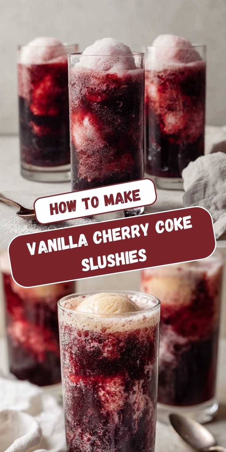 Pinterest-style recipe pin titled "How to Make Vanilla Cherry Coke Slushies" featuring two food photos. The top image shows three tall clear glasses filled with deep crimson cherry cola slushies each topped with a round scoop of white vanilla ice cream creating a fizzing float effect, lined up on a light stone surface with a silver spoon and white linen napkin alongside against a soft gray background. The bottom image is a closer angled view of a single foreground glass showcasing the same deep burgundy cherry cola slushie topped with a golden vanilla ice cream scoop with fizzing foam around it, with additional slushie glasses and a spoon softly blurred behind on the same light surface.