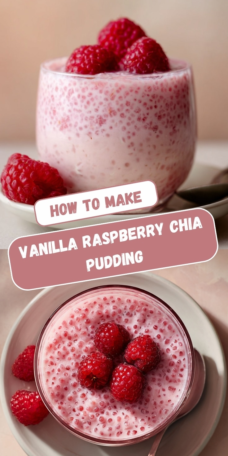 Pinterest-style recipe pin titled "How to Make Vanilla Raspberry Chia Pudding" featuring two food photos. The top image shows a clear glass filled with delicate pale pink vanilla raspberry chia pudding dotted with swollen chia seeds, crowned with three plump fresh raspberries, on a white ceramic saucer with an additional raspberry and a spoon alongside against a soft warm peach background. The bottom image is a direct overhead view looking down into the same glass, showcasing the full surface of the pale pink chia pudding with visible chia seeds throughout, topped with five fresh raspberries arranged in the center, with the white saucer and a loose raspberry visible at the edge on a warm beige surface.