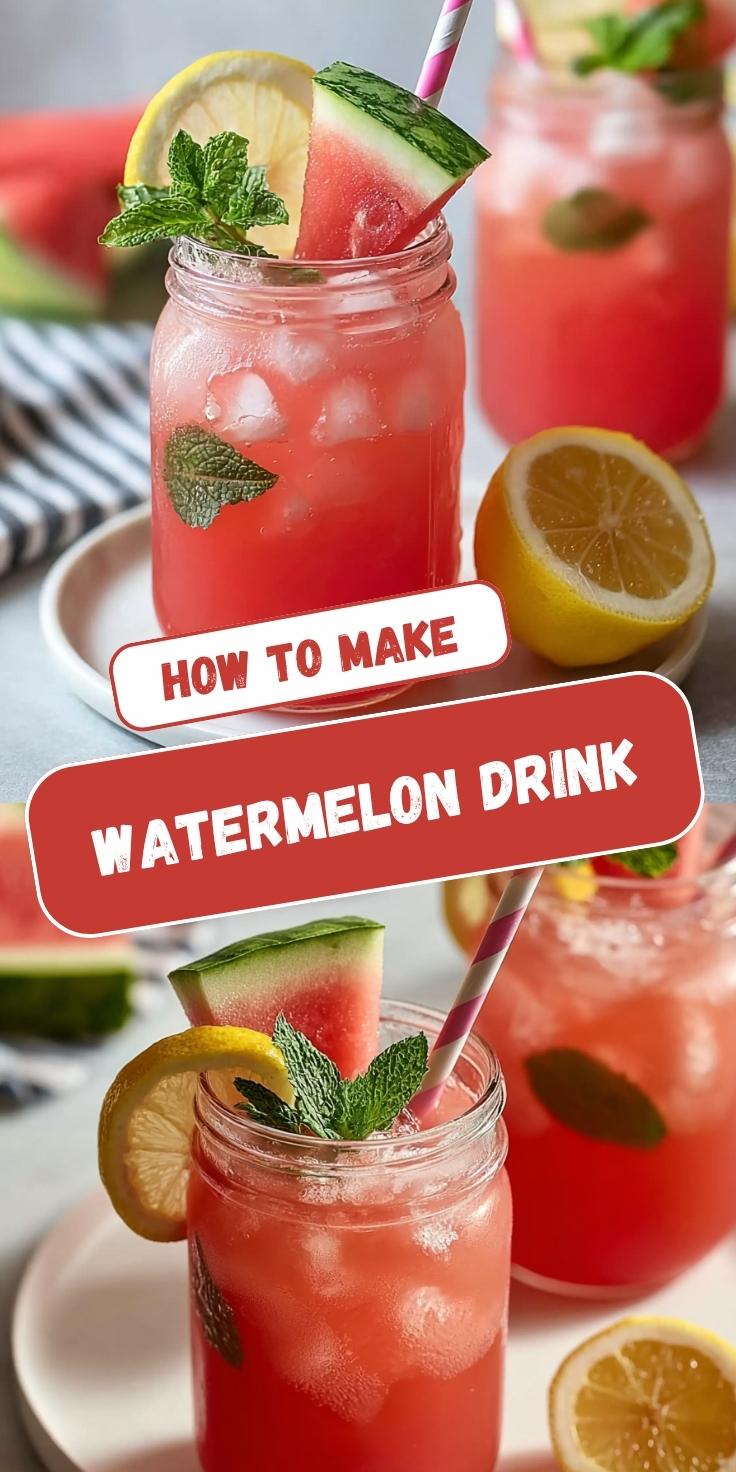 Pinterest-style recipe pin titled "How to Make Watermelon Drink" featuring two food photos. The top image shows a close angled view of a mason jar glass filled with vibrant coral-red watermelon lemonade over ice, garnished with a fresh mint sprig, lemon wheel, watermelon wedge, and pink striped paper straw, on a pink ceramic saucer with a halved lemon alongside, a gray striped napkin, and a second drink and watermelon slices softly blurred in the background. The bottom image is a closer view of the same mason jar drink from a slightly lower angle, highlighting the watermelon wedge, lemon wheel, fresh mint, and pink striped straw garnish, with additional drinks and lemon halves visible and softly blurred around the edges on a gray surface.