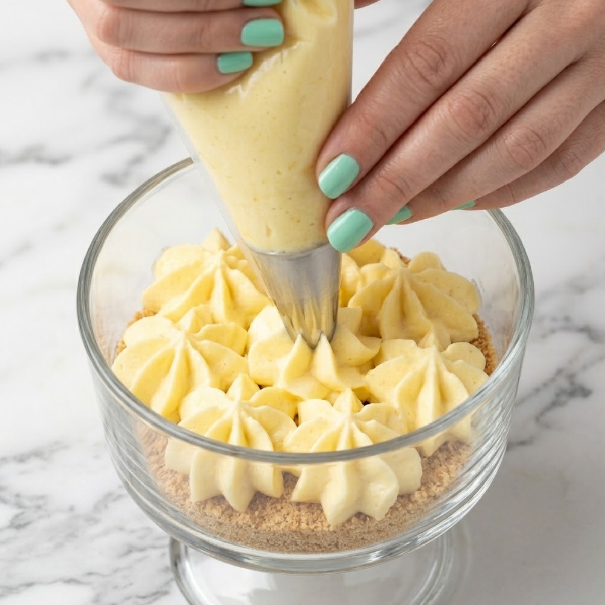 Tight zoom of hands with green nails piping pale yellow tropical mousse from a pastry bag into a clear glass dish.