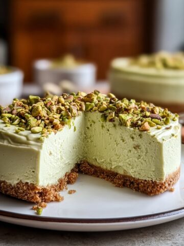 A whole pistachio cheesecake with one slice removed on a white rimmed ceramic plate, revealing a thick golden graham cracker crust base and a tall pale sage green pistachio cheesecake filling, topped with a generous layer of roughly chopped vibrant green pistachios, with bowls of ingredients and a wooden board softly blurred in the warm background.You said: Pistachio Cheesecake
