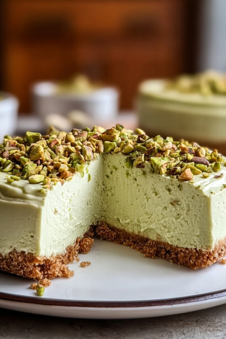 A whole pistachio cheesecake with one slice removed on a white rimmed ceramic plate, revealing a thick golden graham cracker crust base and a tall pale sage green pistachio cheesecake filling, topped with a generous layer of roughly chopped vibrant green pistachios, with bowls of ingredients and a wooden board softly blurred in the warm background.You said: Pistachio Cheesecake