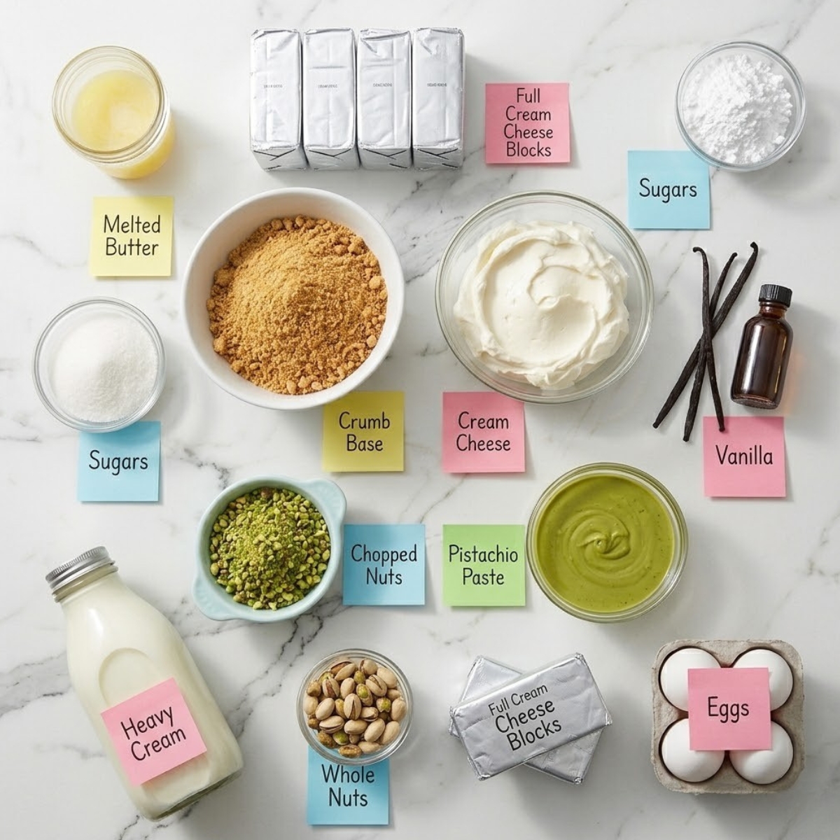 Flat lay of graham cracker crumbs, cream cheese, and green pistachio paste with handwritten labels on a marble counter.