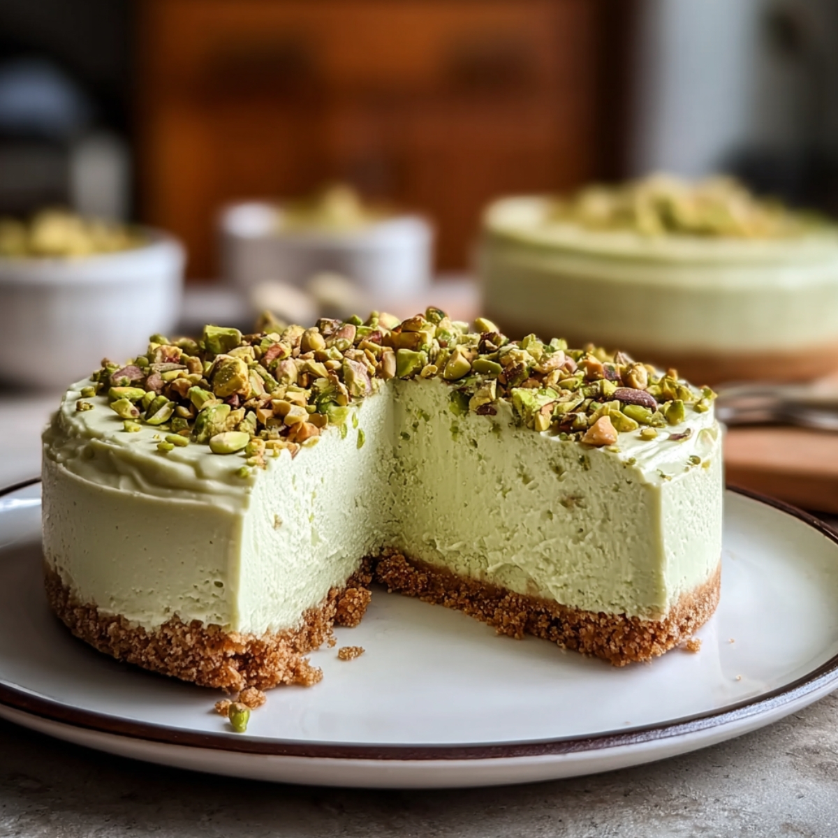 A whole pistachio cheesecake with one slice removed on a white rimmed ceramic plate, revealing a thick golden graham cracker crust base and a tall pale sage green pistachio cheesecake filling, topped with a generous layer of roughly chopped vibrant green pistachios, with bowls of ingredients and a wooden board softly blurred in the warm background.You said: Pistachio Cheesecake
