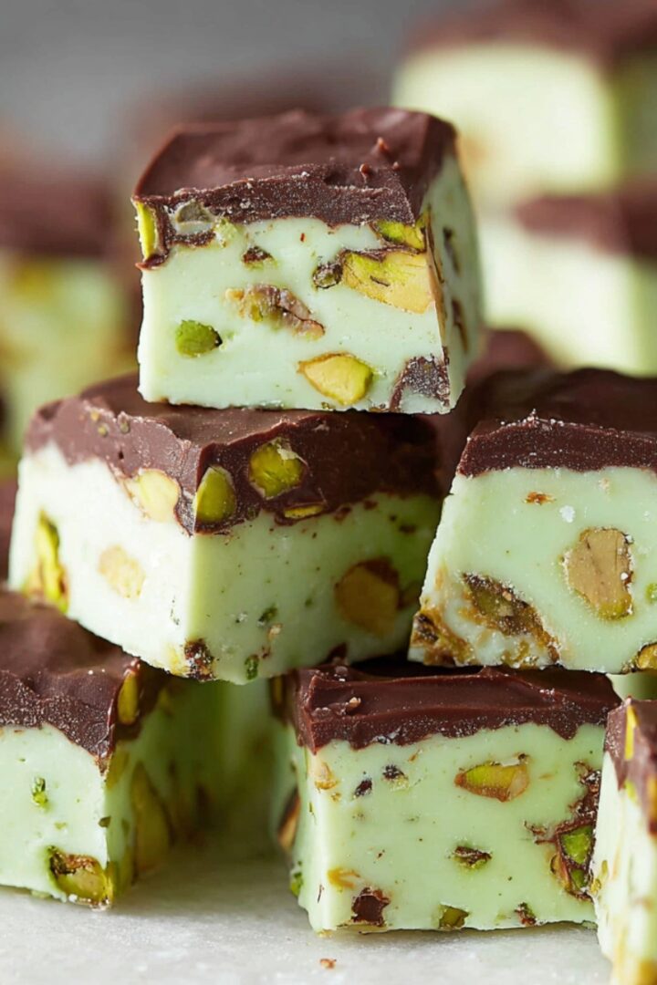A stacked pile of pistachio fudge squares featuring a pale sage green pistachio-studded fudge base topped with a smooth dark chocolate layer, with chopped green and golden pistachio pieces visible throughout the creamy interior, arranged on white parchment paper on a wooden board with additional pieces softly blurred in the gray background.You said: Pistachio Fudge