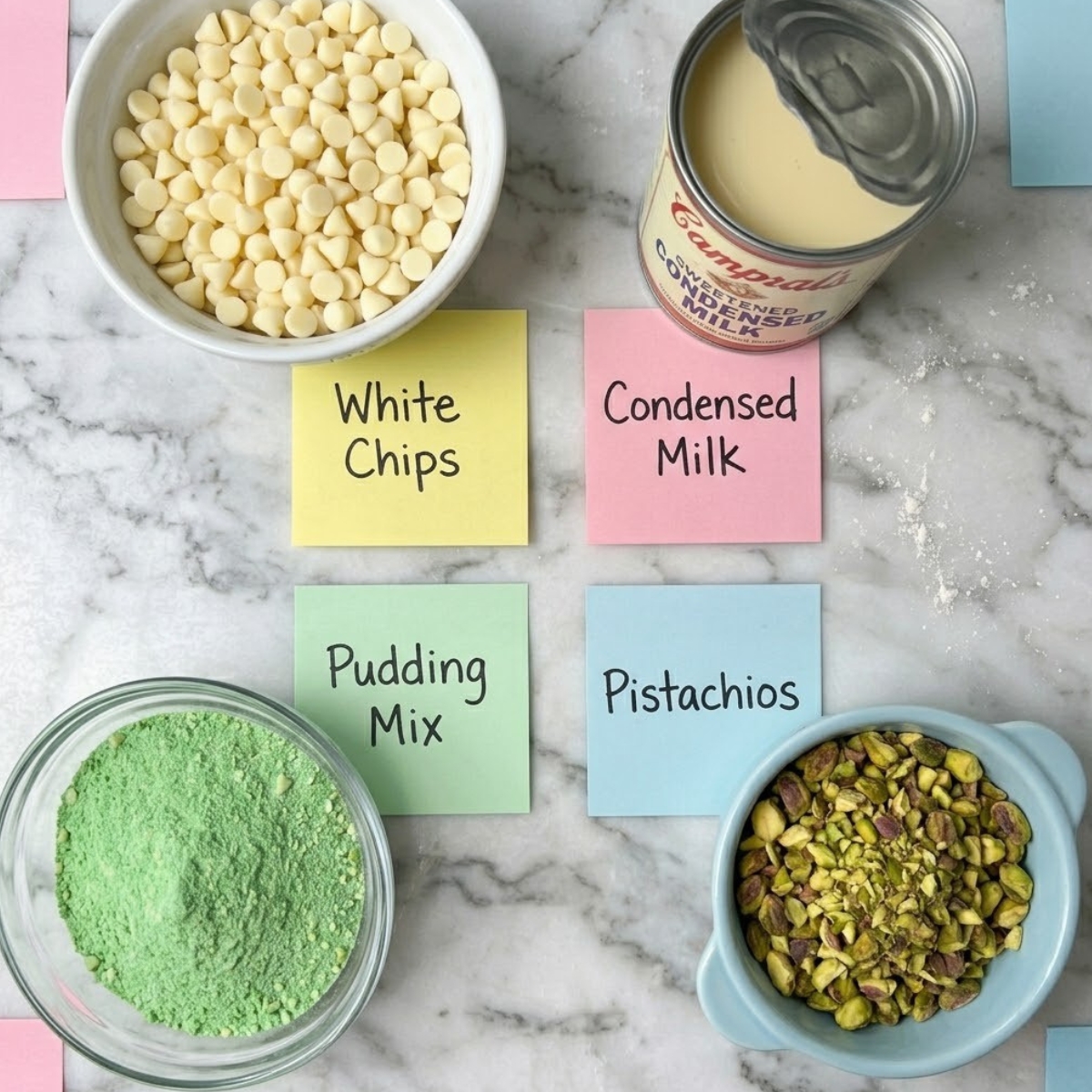 Flat lay of white chocolate chips, sweetened condensed milk, green pudding mix, and chopped pistachios with handwritten labels on a marble counter.