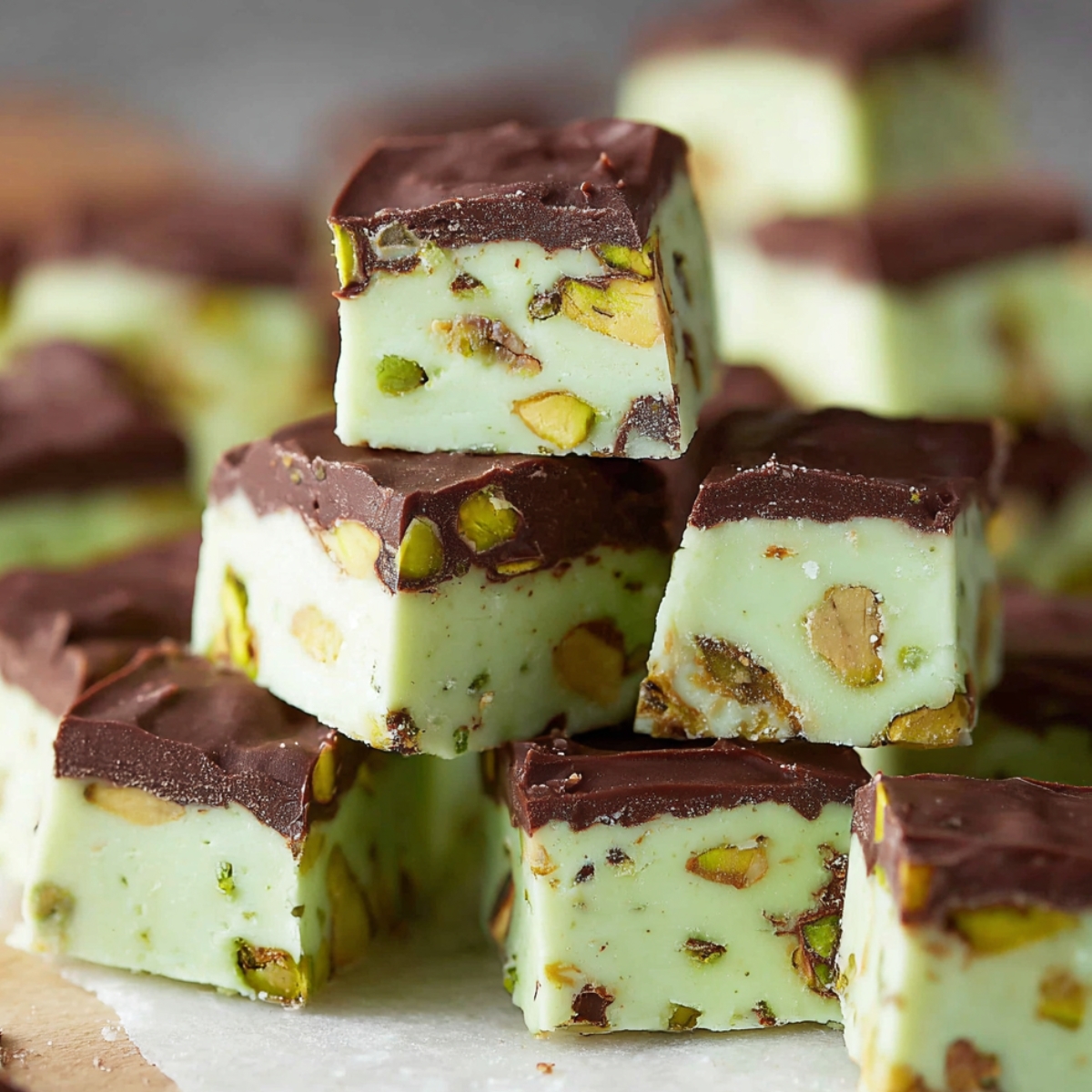 A stacked pile of pistachio fudge squares featuring a pale sage green pistachio-studded fudge base topped with a smooth dark chocolate layer, with chopped green and golden pistachio pieces visible throughout the creamy interior, arranged on white parchment paper on a wooden board with additional pieces softly blurred in the gray background.You said: Pistachio Fudge