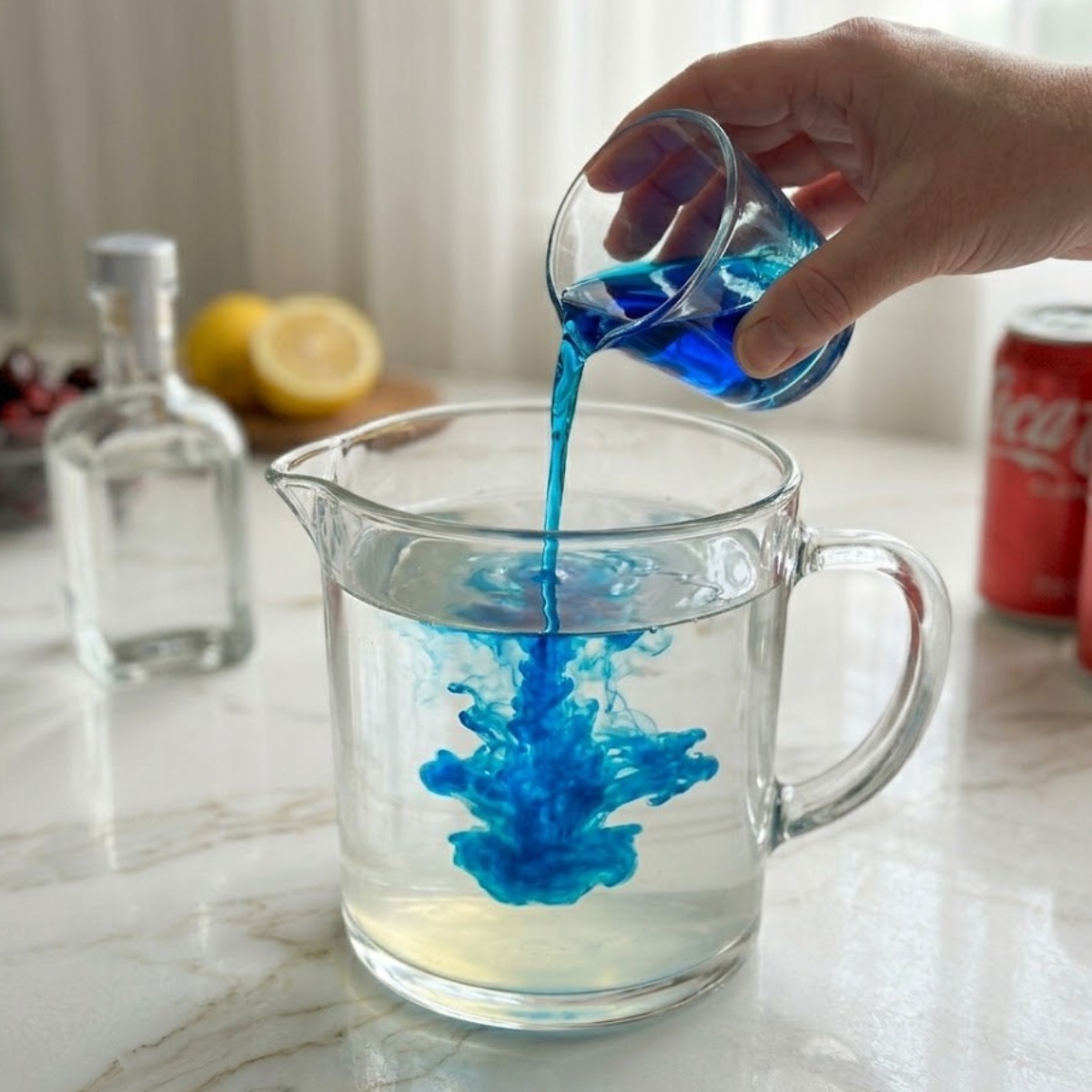 A focused medium shot of the clear pitcher (seen in image_69.png) containing pale lemon water. A hand carefully pours the bright, vivid blue raspberry syrup into the center of the liquid. The intense blue liquid is actively cascading into the clear water, creating visible plumes of deep blue color marbling with the base liquid, strictly following the instruction.