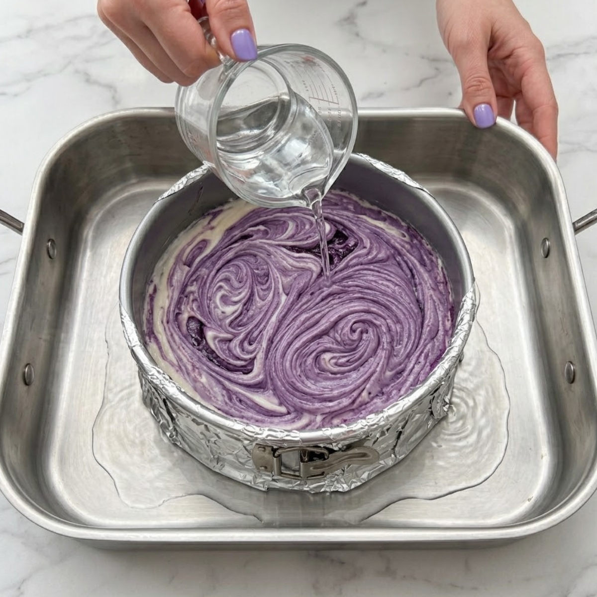 Tight zoom of hands with purple nails pouring water into a roasting pan around a foil-wrapped cheesecake pan.