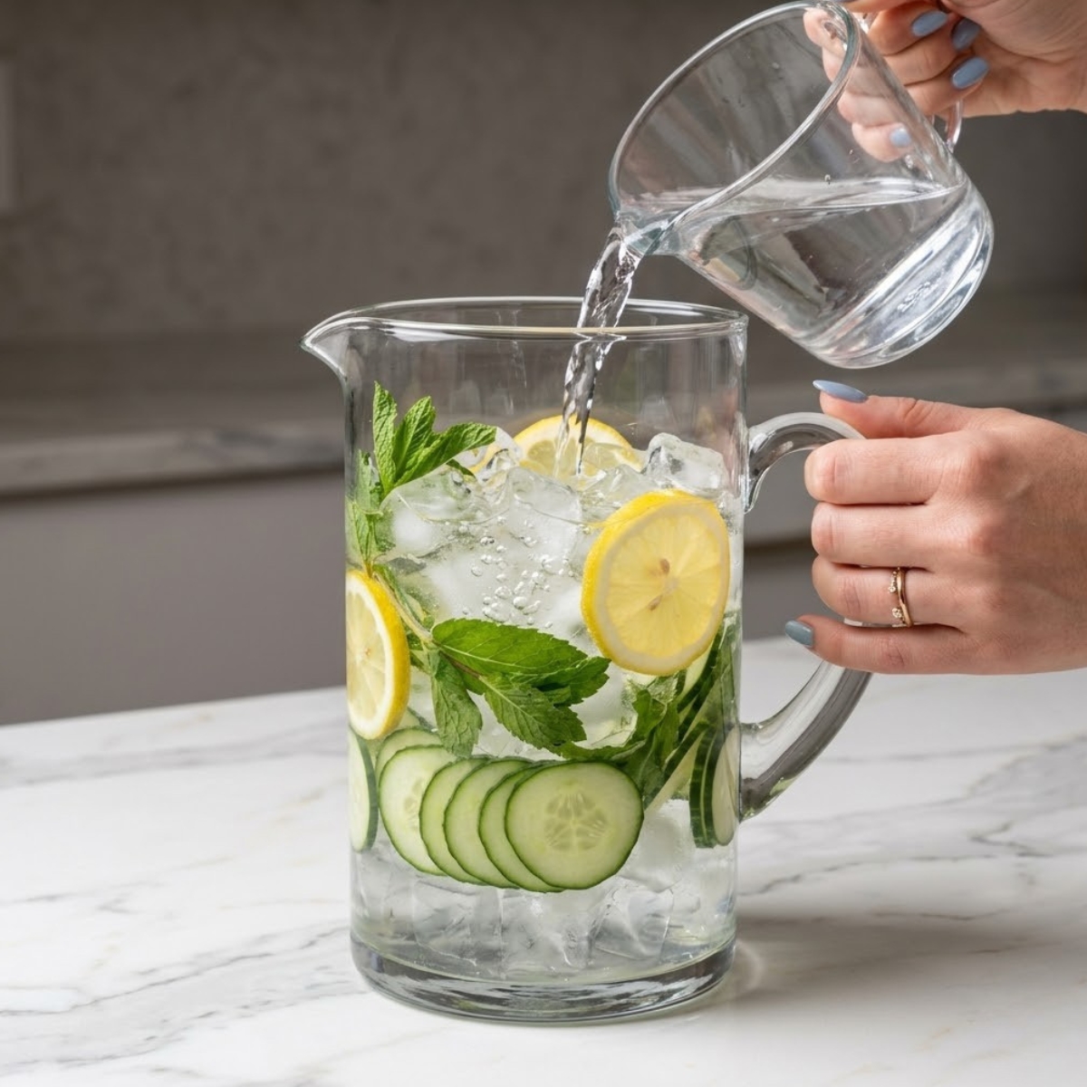 Close up view of a woman's hands with fog blue nails pouring cold water over ice, cucumber slices, lemons, and mint sprigs inside a large glass pitcher.