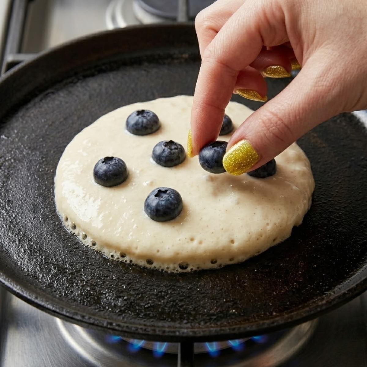 Tight zoom of hands with yellow nails pressing fresh blueberries into a thick cooking pancake round on a hot griddle.
