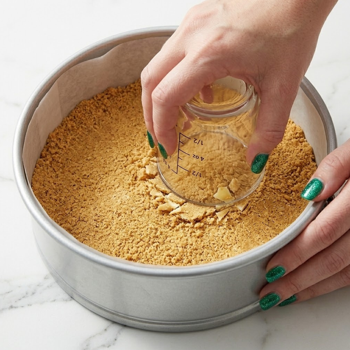 Extreme close-up of hands with green glitter nails pressing graham cracker crumbs into a springform pan.