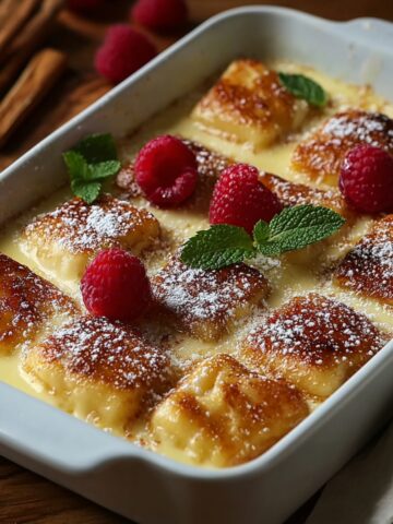 A white rectangular baking dish filled with golden caramelized protein French toast casserole featuring rows of toasted bread pieces nestled in a creamy custard sauce, dusted with powdered sugar and garnished with fresh raspberries and mint sprigs, placed on a warm wooden surface with cinnamon sticks and a linen napkin visible alongside.