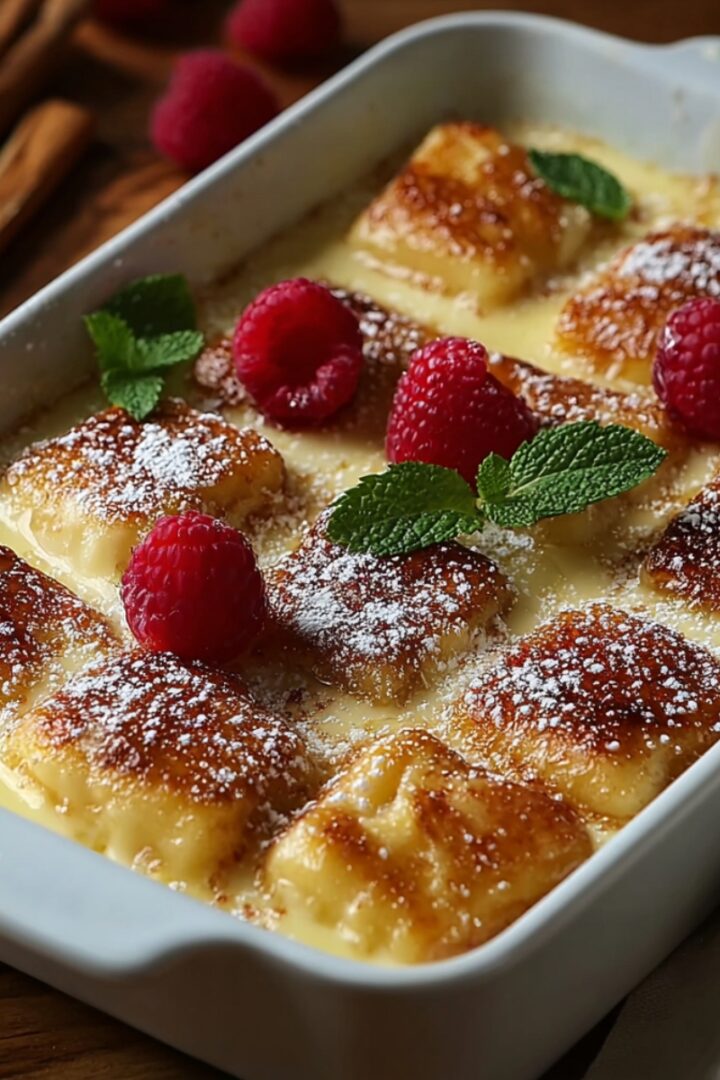 A white rectangular baking dish filled with golden caramelized protein French toast casserole featuring rows of toasted bread pieces nestled in a creamy custard sauce, dusted with powdered sugar and garnished with fresh raspberries and mint sprigs, placed on a warm wooden surface with cinnamon sticks and a linen napkin visible alongside.