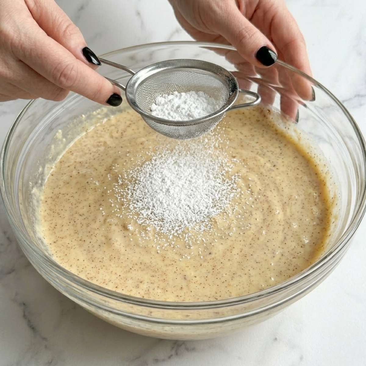 Extreme close up of hands dusting powdered sugar over a baked casserole with raspberries and mint.
