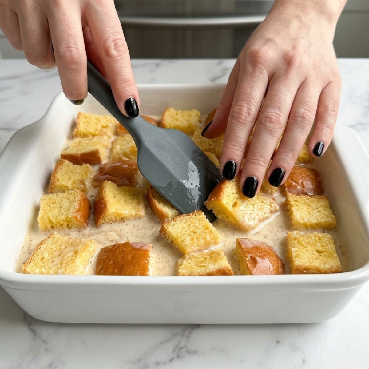 Tight zoom on hands pressing brioche cubes into custard soak in a ceramic baking dish.