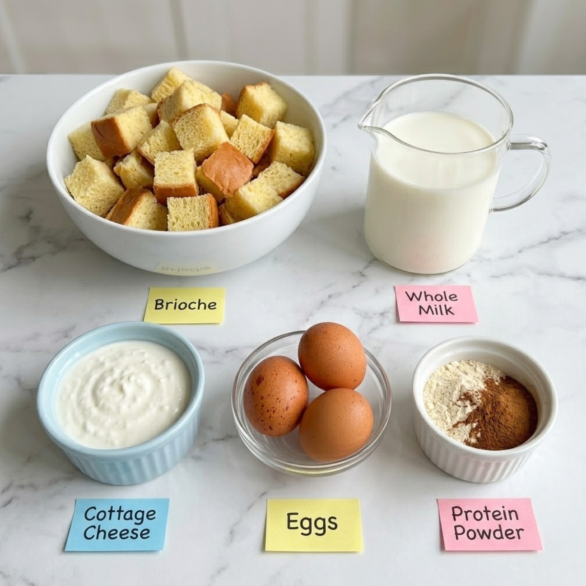 Top down flat lay of brioche cubes, milk, eggs, and cottage cheese in bowls with labels on marble.