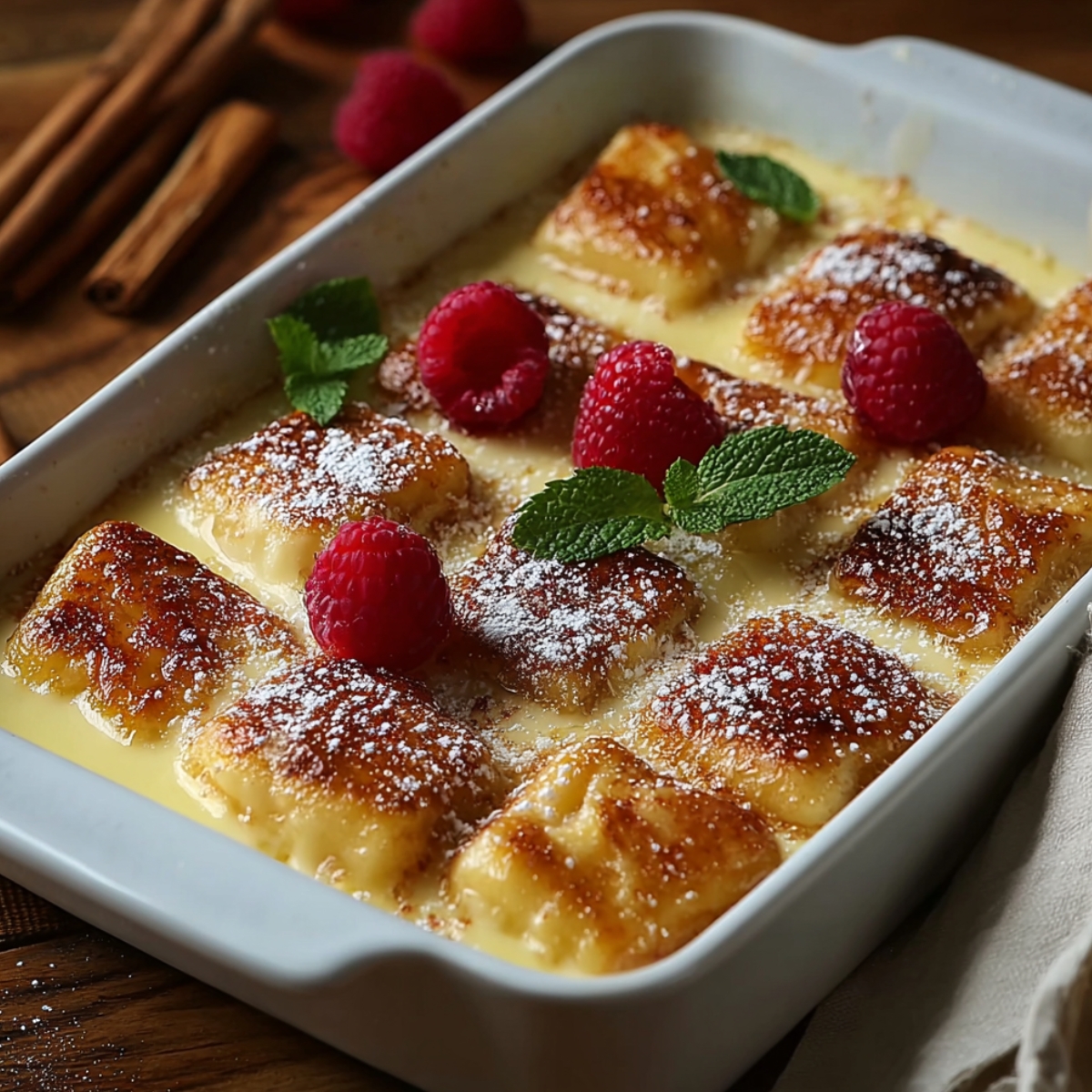 A white rectangular baking dish filled with golden caramelized protein French toast casserole featuring rows of toasted bread pieces nestled in a creamy custard sauce, dusted with powdered sugar and garnished with fresh raspberries and mint sprigs, placed on a warm wooden surface with cinnamon sticks and a linen napkin visible alongside.