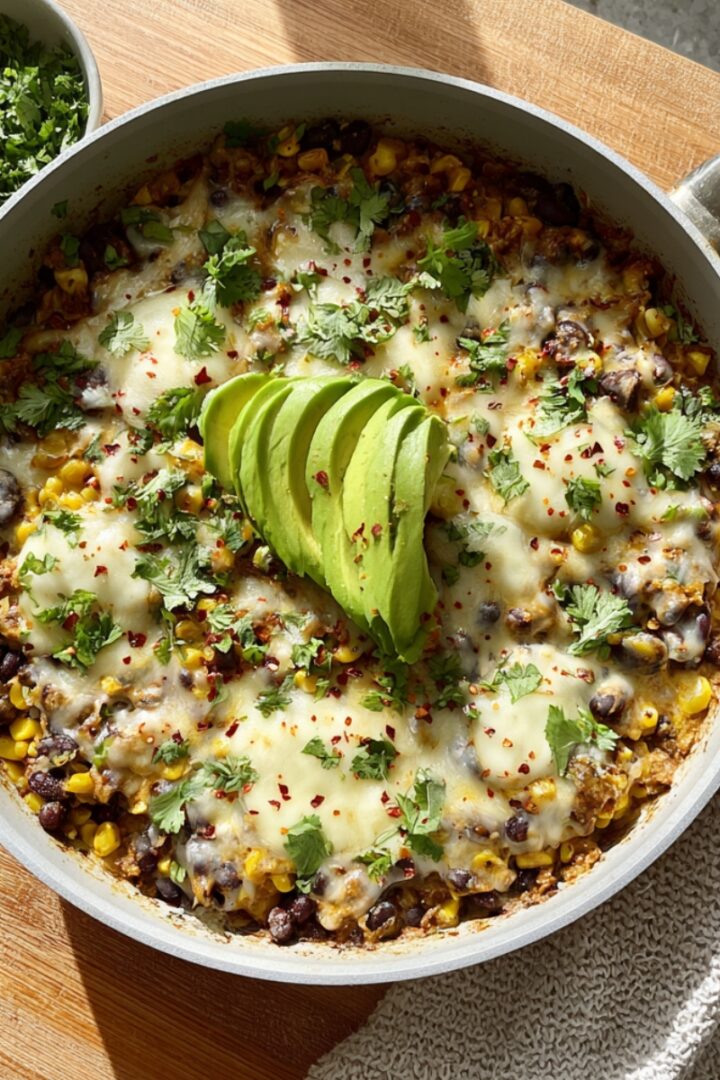 A skillet of Salsa Verde Chicken & Rice with corn, black beans, and melted cheese, topped with sliced avocado, fresh cilantro, and red pepper flakes, served on a wooden board.