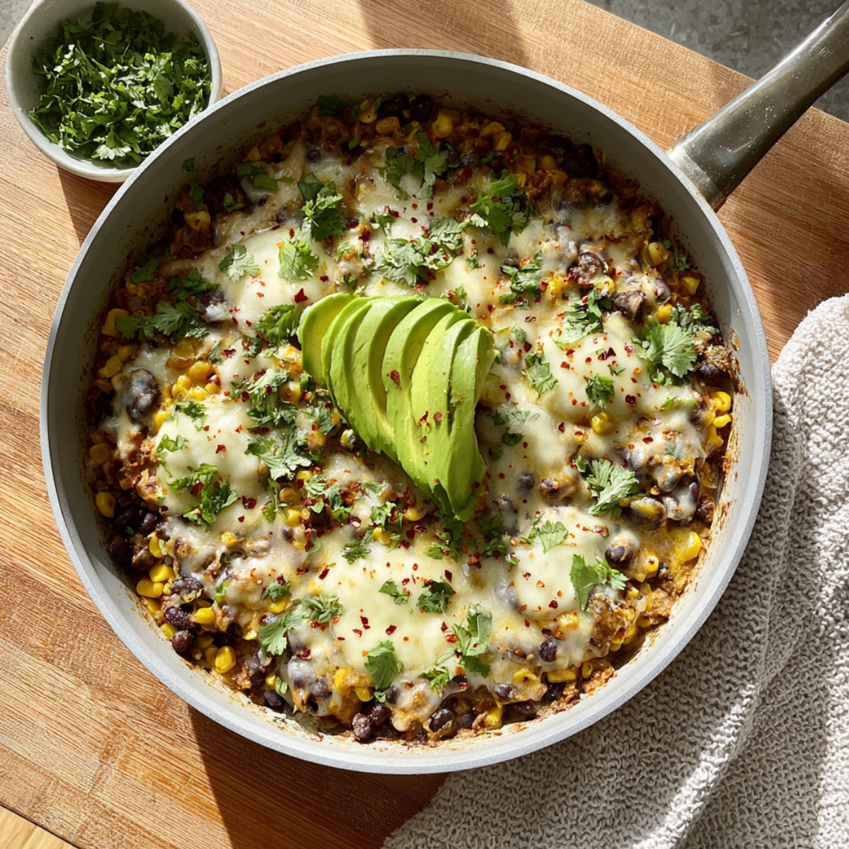 A skillet of Salsa Verde Chicken & Rice with corn, black beans, and melted cheese, topped with sliced avocado, fresh cilantro, and red pepper flakes, served on a wooden board.