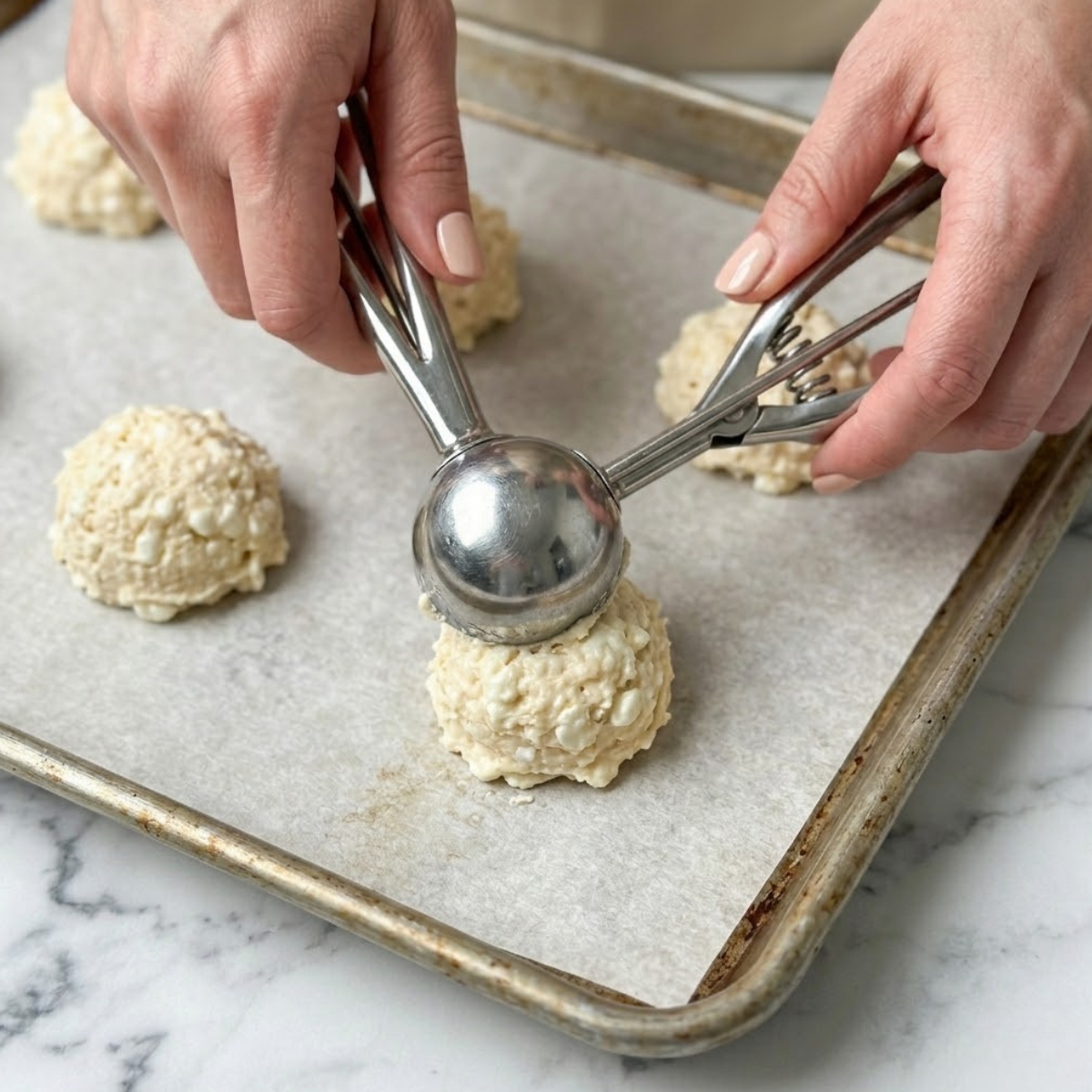 Tight zoom of hands with nude nails using an ice cream scoop to place portions of cheesy biscuit dough onto parchment paper.
