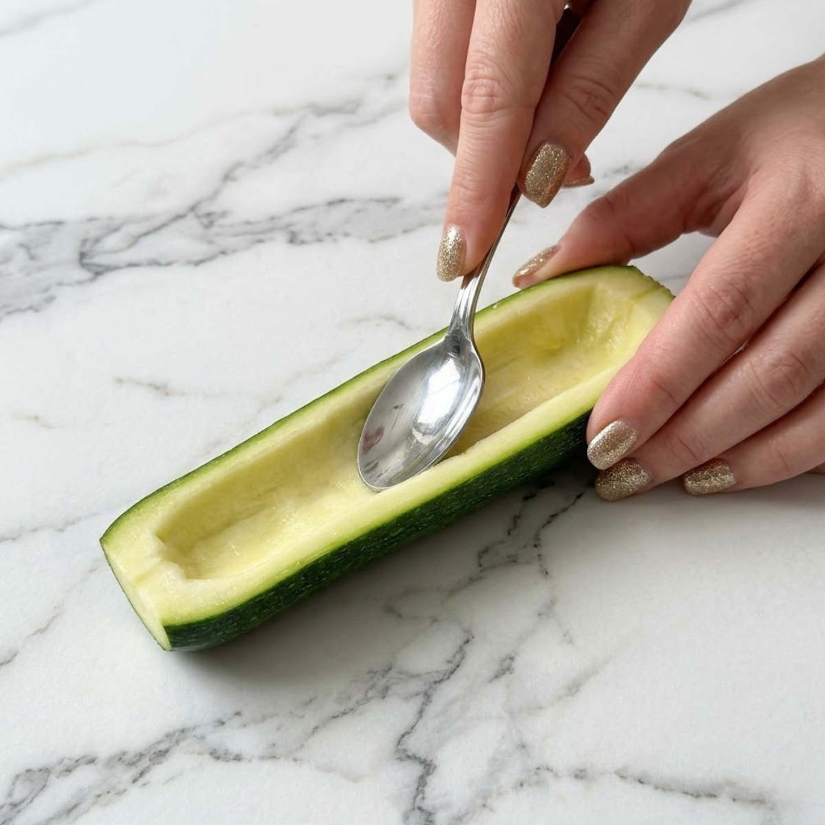 Extreme close-up of hands with gold nails using a spoon to scoop out the center of a sliced green zucchini.