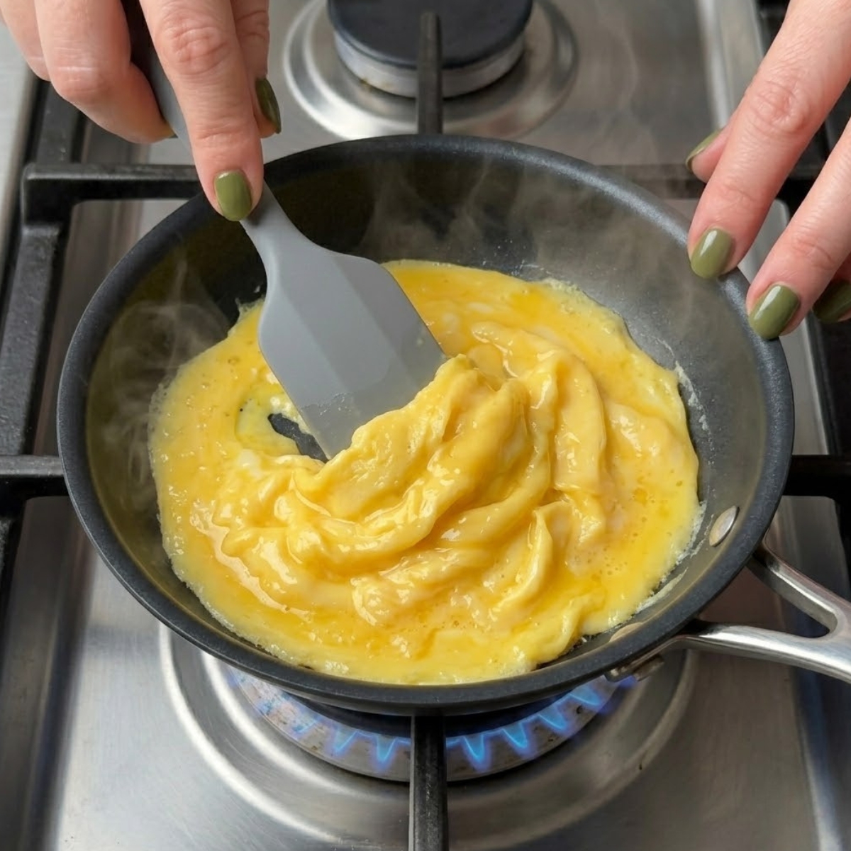 Tight zoom of hands with green nails using a silicone spatula to form soft folds of scrambled eggs in a skillet over a gas flame.