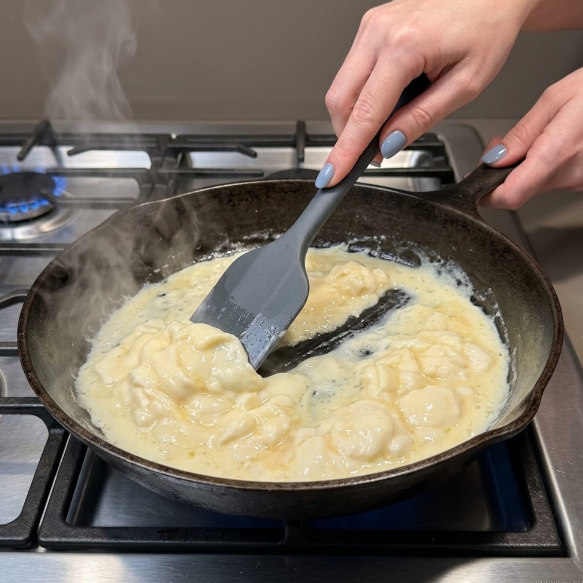 Close up view of a woman's hands with fog blue nails using a spatula to gently scramble eggs into soft, moist curds inside a hot skillet on a gas stovetop.
