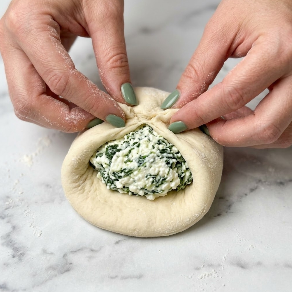 Tight zoom of hands with green nails pinching the edges of a yeast dough disc together to seal the spinach cheese filling inside.