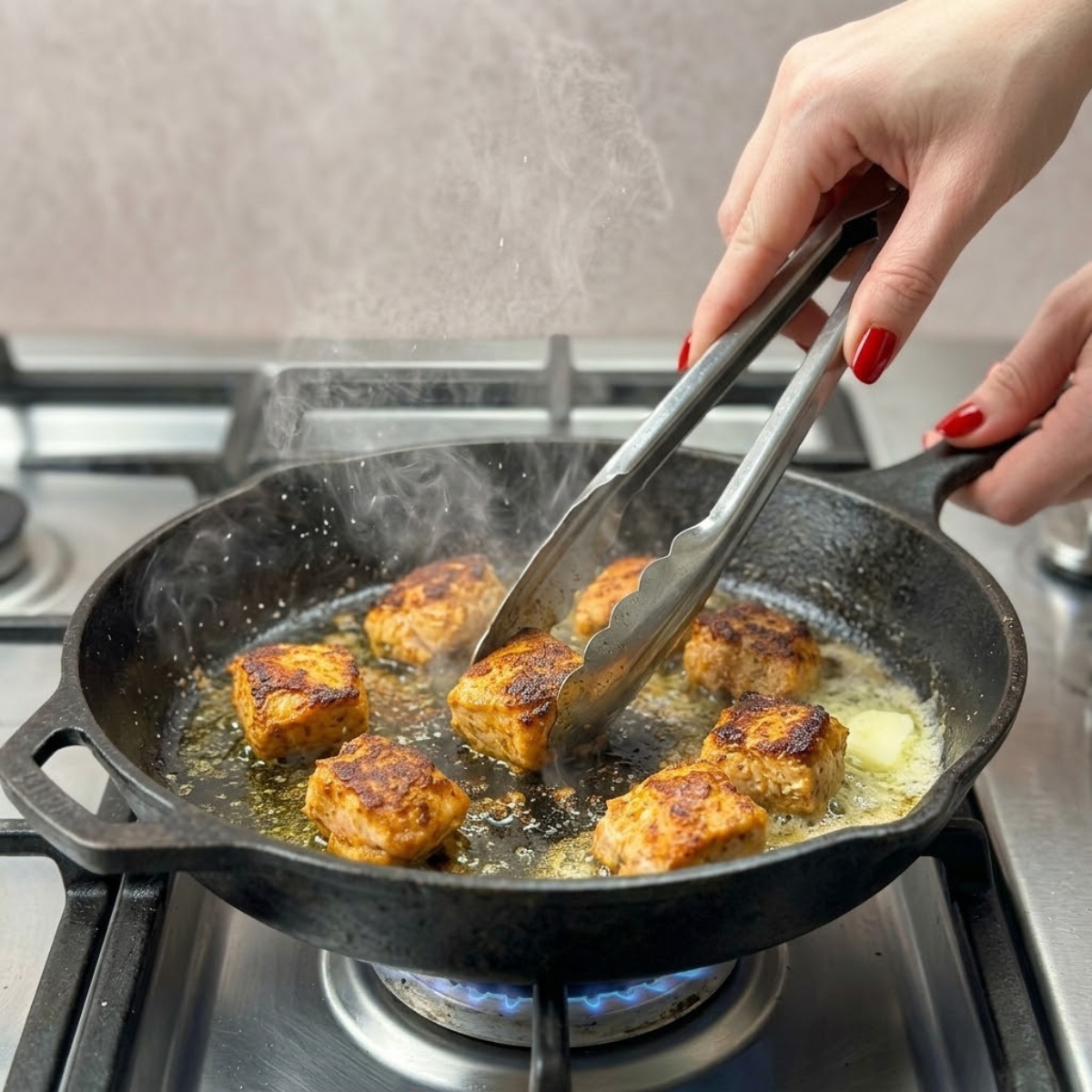 Close up view of a woman's hands with classic red nails using metal tongs to flip deeply golden chicken bites in a foaming butter skillet over a gas stove.