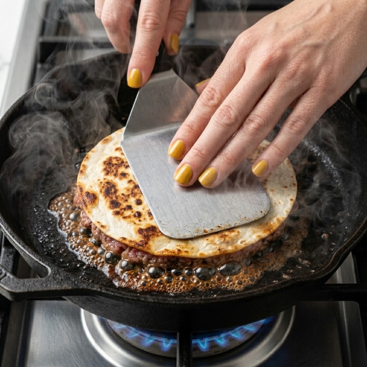 Tight zoom of hands with yellow nails pressing a tortilla down into a hot cast iron skillet with a metal spatula over a gas flame.