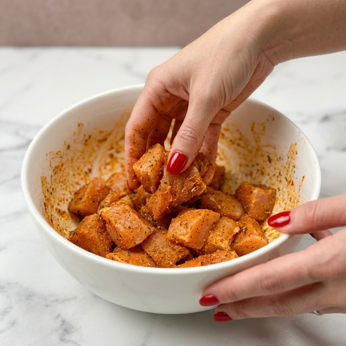 Close up view of a woman's hands with classic red nails tossing chicken chunks in a bright orange spice mixture inside a white bowl.