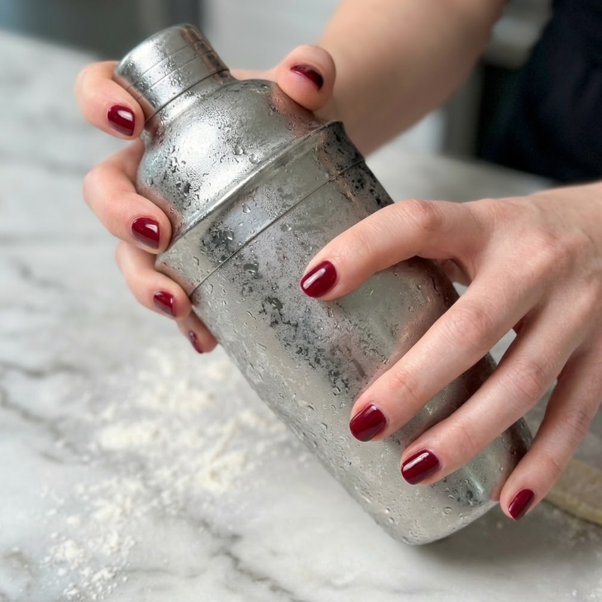 Extreme close-up of hands with dark red nails shaking a cold, frosted metal cocktail shaker.