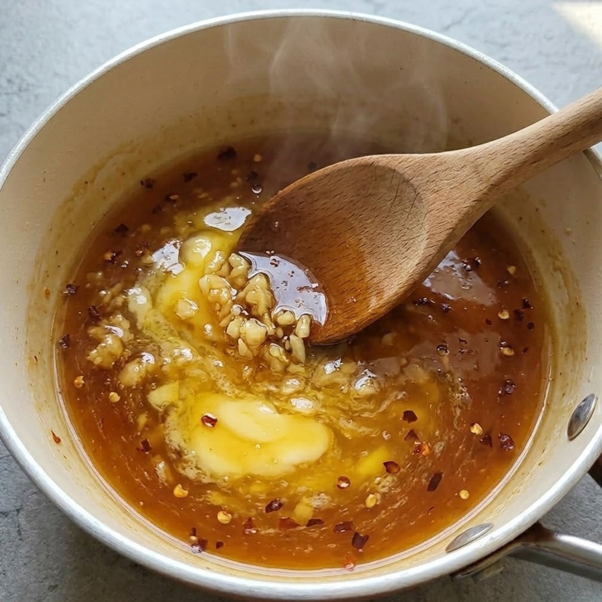 A close-up macro view of a wooden spoon stirring a glossy, amber-colored sauce bubbling gently in a small saucepan. Melted butter, honey, minced garlic, and red chili flakes are clearly visible in the uniform, emulsified liquid.