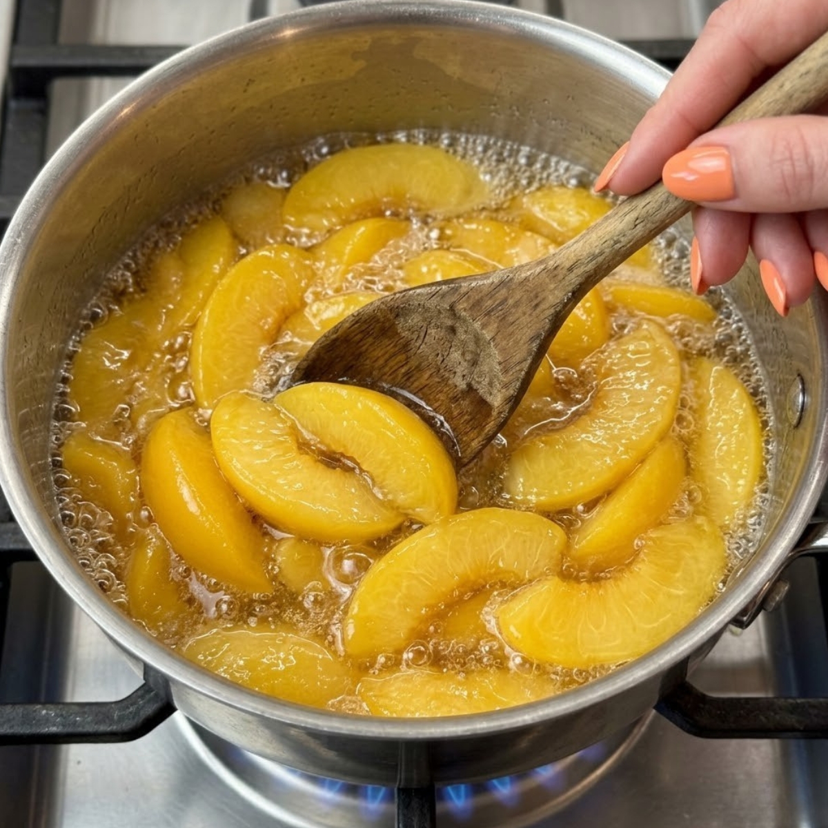 Extreme close-up of hands with peach-colored nails stirring simmering yellow peach slices in a pan over a gas stove flame.