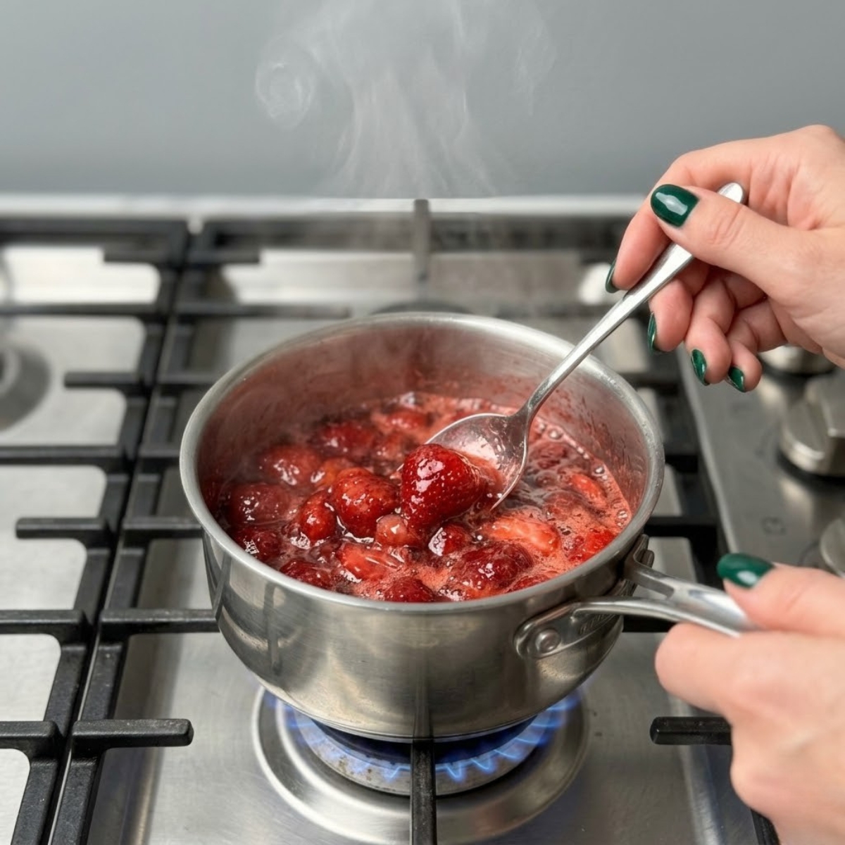 Close up view of a woman's hands with dark emerald green nails stirring a bubbling, glossy red strawberry compote in a small saucepan on a gas stovetop.