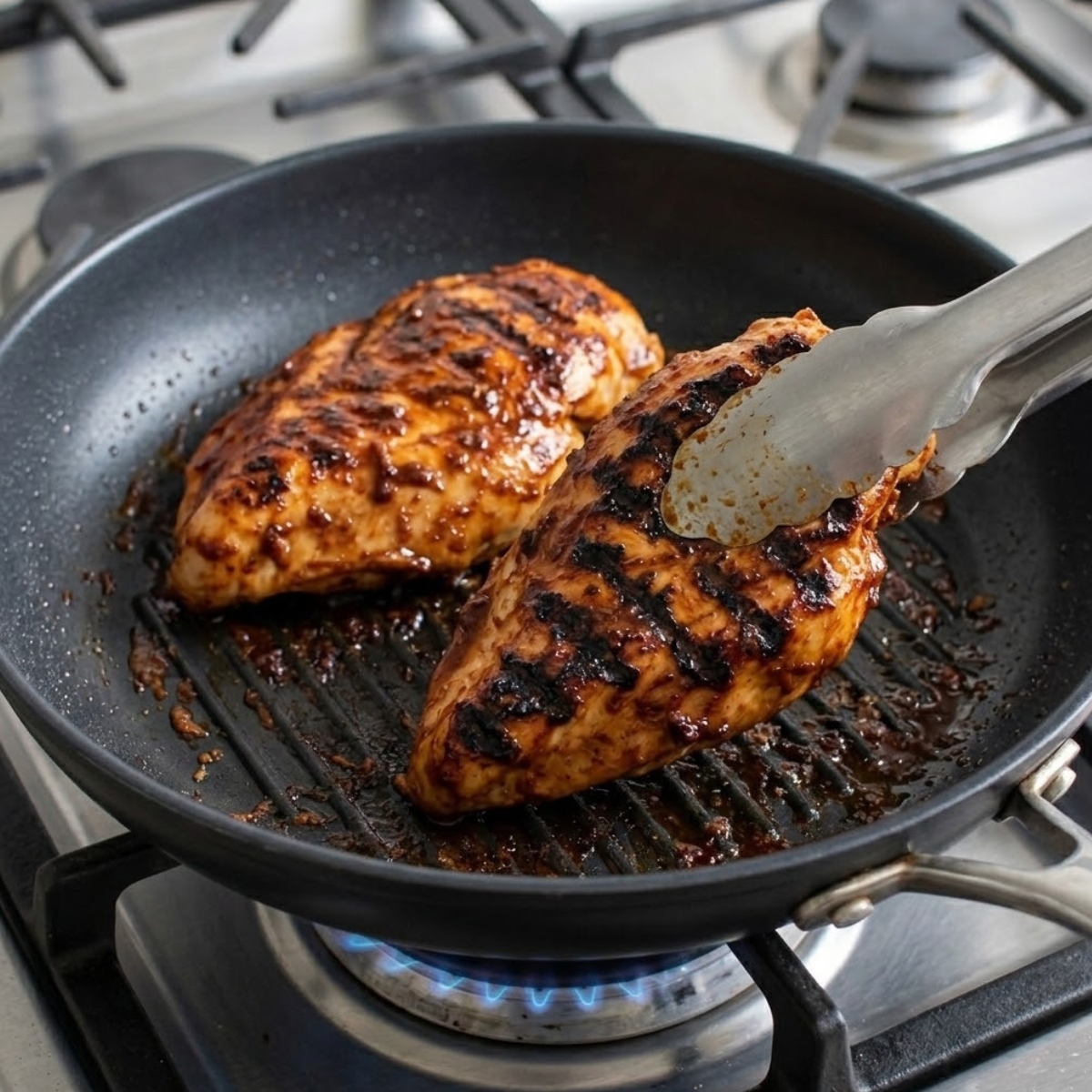 A medium shot capturing a non-stick grill pan over a lit gas range burner, viewed from a slightly high angle. Two marinated chicken breasts, with deep reddish-brown marinade visible, are in the pan, actively sizzling. Metal tongs lift one breast to reveal deep, dark char marks on the underside from the grill pan, mirroring the preparation described for image_21.png. The scene is brightly lit by soft daylight, and the messy counter textures are softly blurred.